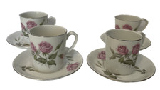 4 Alfred Meakin Roses Teacups & Saucers Set - Vintage - Glo-White