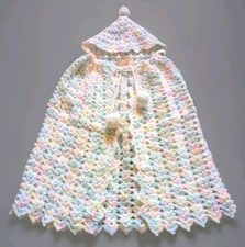 Handmade Crochet Baby Shawl Cape Poncho Pastel Multicolor Puff Ball Tie w/ Hood
