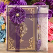 Purple Islamic Gift Set with Light Printed Prayer Rug Pearl Tasbeeh/Holy Quran