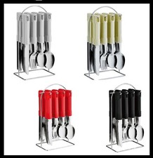 NEW 24PC CUTLERY DINNER SET STAINLESS STEEL METAL STAND RACK FORKS TEA SPOONS
