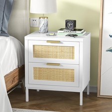 Yvsevnr White Rattan Bedside Table Set of 2 Side Table with 2 Drawers Wooden 