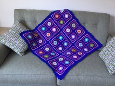 Handmade Crochet Flower Granny Square Blanket - Royal Blue