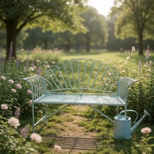 2 Seat Vintage Garden Bench - Green Antique Finish, Wrought Iron, Easy Assembly