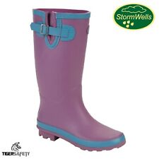 Stormwells Lilac Turquoise Stripe Ladies Wide Fit Calf Wellington Boots Wellies