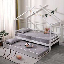 TEDDY KIDS WOODEN HOUSE TREEHOUSE SINGLE BED FRAME - WHITE/GREY - TRUNDLE OPTION