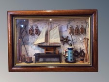 Nautical Wood Shadow Box, Old World Map Ship Wheel Lantern Harpoon Model Display