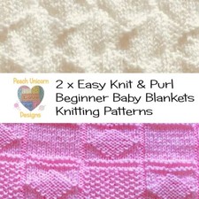 Knitting Patterns for Baby Blankets x 2, Interlocking & Diamond Squares, Easy
