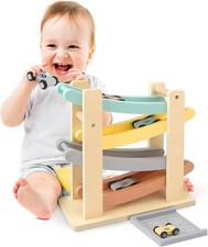 Wooden Car Ramp Toy for 1-2 Year Old Boys & Girls - Click Clack Track with 4 Min