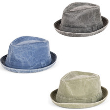 Mens Denim Cotton Diamond Crown Pork Pie Trilby Hat. fast UK post