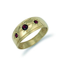 Gents Three Stone Garnet Ring 9ct Yellow Gold Gypsy Setting Hallmarked