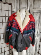 Izzi Leather Sweater Vtg jacket coat 80s 90s Sz M Chevron Faux Shearling Snaps