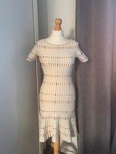 Sandro Paris Cream Knit Dress XS Ribbed Plissé Skirt Chic Designer