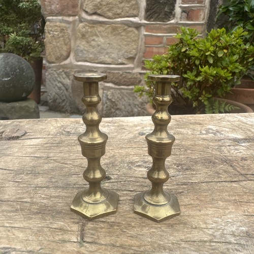 Small brass candlestick pair - brass,
