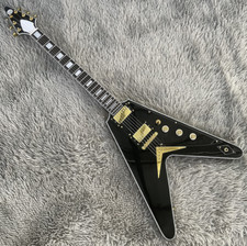 Flying V Electric Guitar Black Strings Thru Body Gold Hardware Bone Nut Guitar