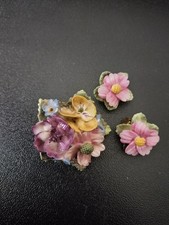 Vintage Hand Painted Bone China Floral Brooch And Earrings By Coal Brook