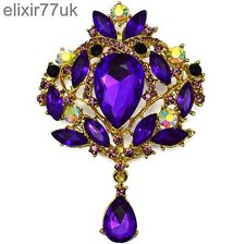 NEW 3.8" GOLD FLOWER BOUQUET BROOCH PURPLE DROP DANGLE GEM DIAMANTE CRYSTAL UK