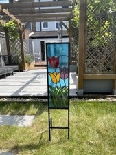 Stained Glass Leaded Panel With Tulip Image Handmade Three Legs