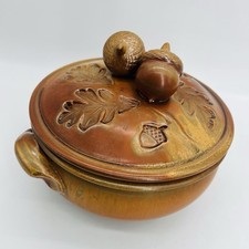 John Bauman Acorn Oak Leaf Covered Stoneware Casserole Dish Bowl Pottery SIGNED