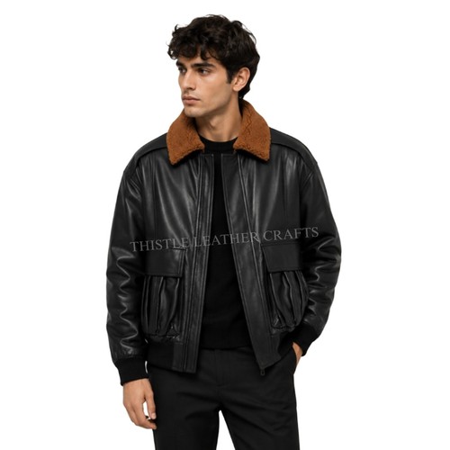 Black leather bomber jacket - black,