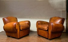 A Stunning Pair of 1950’s French Leather Club Chairs, Havana Moustache Models