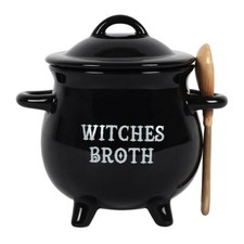 BLACK WITCHES BROTH CAULDRON SOUP BOTH WITH BROOM SPOON PERFECT GIFT