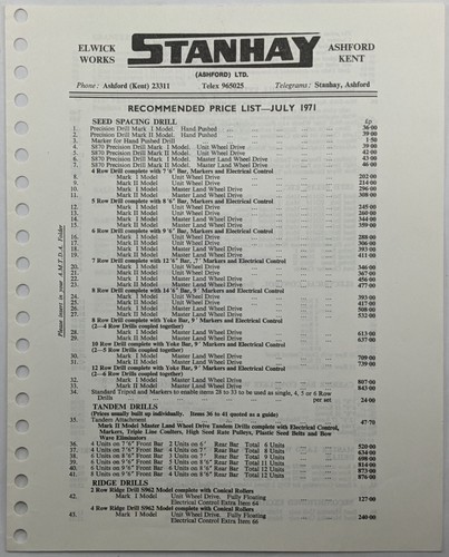 Stanhay price list july - july, 1971