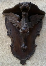 Antique Black Forest Carved Wooden Hanging Shelf with Mythical Griffin Gargoyle