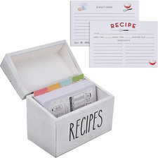 Farmhouse White Recipe Box with Cards and Dividers - Vintage Recipe Card Box wit