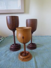 Three Turned Wooden Goblets with Wooden Rings