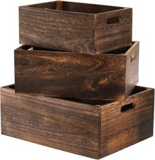 3 x Decorative Farmhouse Wooden Crates Storage Rustic Handmade Solid Wood Basket