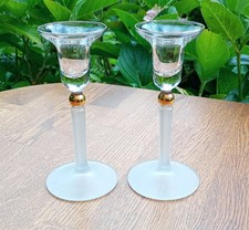 Pair of Vintage Frosted Glass Candle Holders with Gold Accent on Stem – 6” Tall