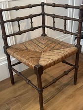 English Antique Arts & Crafts Corner Bobbin Chair With Rush Seat