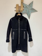 ZARA Black Faux Leather Longline Shearling Funnel Neck Biker Coat Size Large