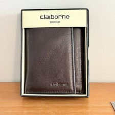 Claiborne Dark Brown Pebbled Genuine Leather Trifold ID Wallet Mens Unisex