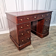 Antique Twin Pedestal Desk Small Writing Home Office - 9 Drawers Wooden Vintage 