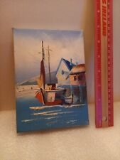 Original Oil Painting Canvas-  Harbour Mooring - 5 X 7 Inch - Unknown Artist 