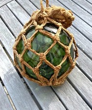 Antique hand blown green glass fishing float with  Origianal Rope