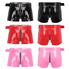 Men's Wet Look Latex PVC Leather Shorts Zipper Crotch Boxer Brief Clubwear