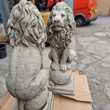 Large Pair Of Stone Lion on Ball Concrete Statue Garden OrnamentSculpture Heavy