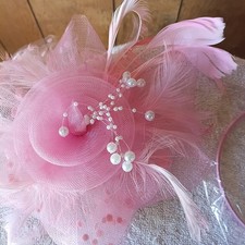 Fascinators Pink Hat Bet Feathers Beads Derby Tea Lace Gloves Band New