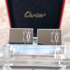 Cartier Cufflinks 925 Sterling Silver Rectangle Lines and Logo with Case