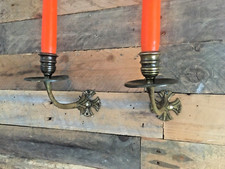 PAIR OF ANTIQUE ORNATE BRASS GOTHIC REVIVAL WALL PIANO CANDLE HOLDERS SCONCES