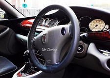 FOR ROVER 75 98-05 REAL BLACK ITALIAN LEATHER STEERING WHEEL COVER GREY STITCH