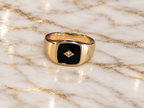 Gold plated black onyx signet - black,