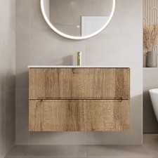 800mm Bathroom Cloakroom Vanity Unit Basin Sink Wall Hung Fluted Oak Fluted Unit