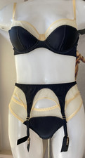 Agent Provocateur 34C or 36A bra thong suspender black silk SET new