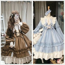 Girls Japanese Lolita Dress Cosplay Retro Costume Kawaii Ruffle Puff Sleeve 