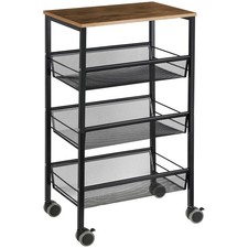4 Tier Rack Trolley with Wooden Top Plate Kitchen Storage Wagon Multi Purpose