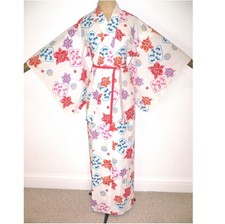 VINTAGE JAPANESE COTTON YUKATA KIMONO, ROBE DRESSING GOWN, COLOURFUL + SILK CORD
