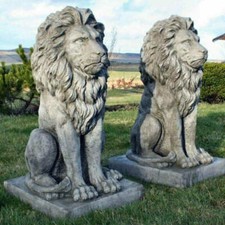 Pair Large Proud Lions Heavy Stone Cast Garden Statues by DGS UK 330KGS
